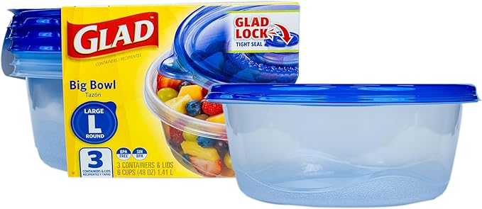 Glad GladWare Big Bowl Food Storage Containers, Large Round, 48 Oz, 3 Count | Lock-tight seal for soups, salads, and meal prep in a large round format; microwave and dishwasher safe by GladTrashFoodStorage