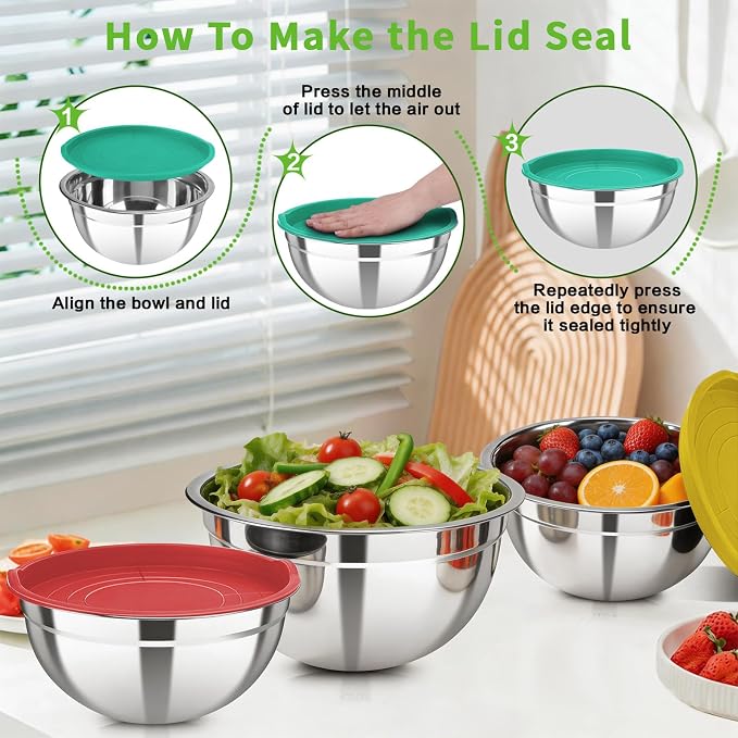 7 Pcs Stainless Steel Mixing Bowls with Colorful Lids Set Metal Salad Bowls | Nesting Design for Kitchen Mixing/preping/Saving, Size: 0.7, 1.1, 1.5, 2.1, 3.5, 4, 4.5Qt - Image 6