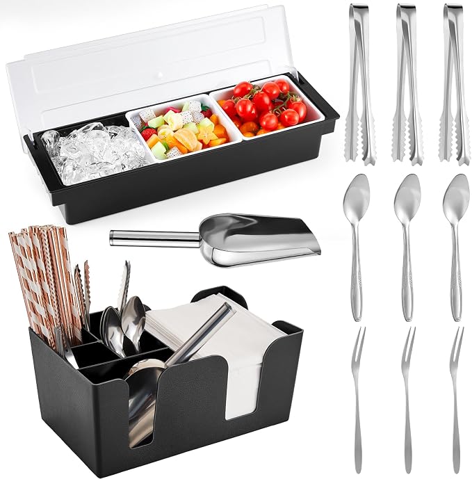 Tessco for you Garnish Tray with Lid Bar Caddy Ice Cooled Condiment Serving Container with Ice Scoop Metal Mini Serving Tongs Fruit Fork Spoons for Food Home Party Kitchen(Plastic,3 Grids) by Tessco