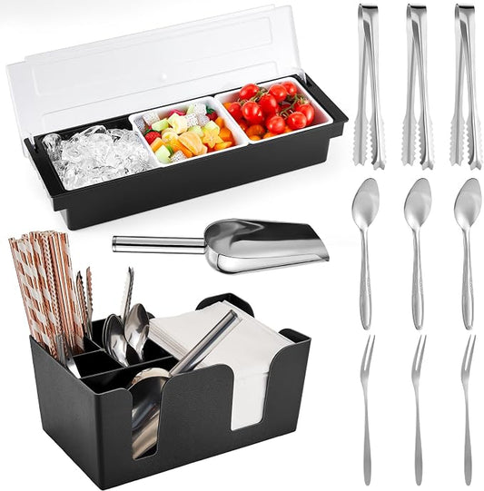 Tessco for you Garnish Tray with Lid Bar Caddy Ice Cooled Condiment Serving Container with Ice Scoop Metal Mini Serving Tongs Fruit Fork Spoons for Food Home Party Kitchen(Plastic,3 Grids) by Tessco