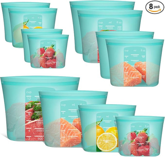 Reusable Storage Bag, 8 Pack 100% Silicone Food Storage Bags Stand Up Zip Lock Bags for Food Container, Freezer Microwave Oven Dishwasher Safe, 2 X-Large(0.8 Gallon) 2 Medium 2 Small 2 X-Small, Aqua by Annaklin