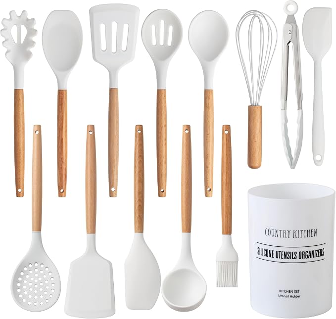 Country Kitchen Non Stick Silicone Utensil Set with Rounded Wood Handles for Cooking and Baking, 14 Piece Set, White by CountryKitchen