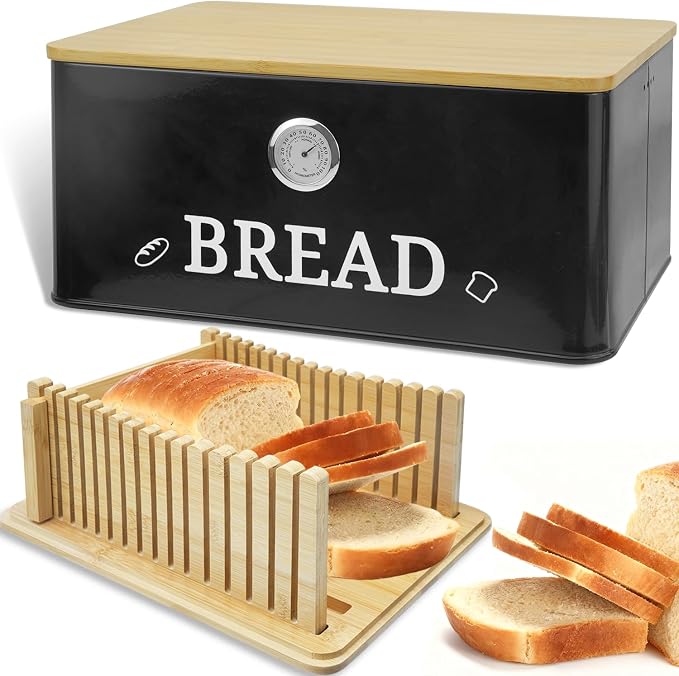 Black Bread Box for Kitchen Countertop with Bamboo lid, Hygrometer Kitchen Organizer for Sourdough, Buns, and Loaves, Bread Storage Container with Cutting Board Lid by Unknown