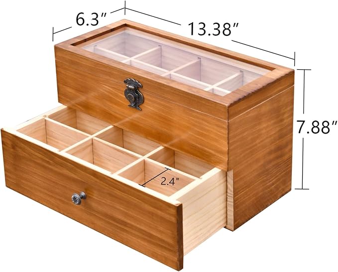 WELLAND Wood Tea Bag Organizer, Storage Box with Clear Acrylic Window, 2-layer 14 Compartments Large Capacity Tea Bag Holders, Gift Idea - Image 5