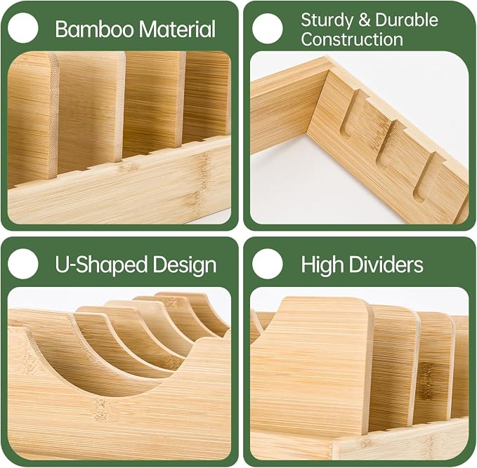 Pan Organizer Compatible with Caraway, Pots and Pans Organizer Under Cabinet, Bamboo Pot Lid Organizers with Adjustable Dividers, U-Shaped Lid Slots, Ideal for Kitchen Countertop and Cabinet Storage - Image 3