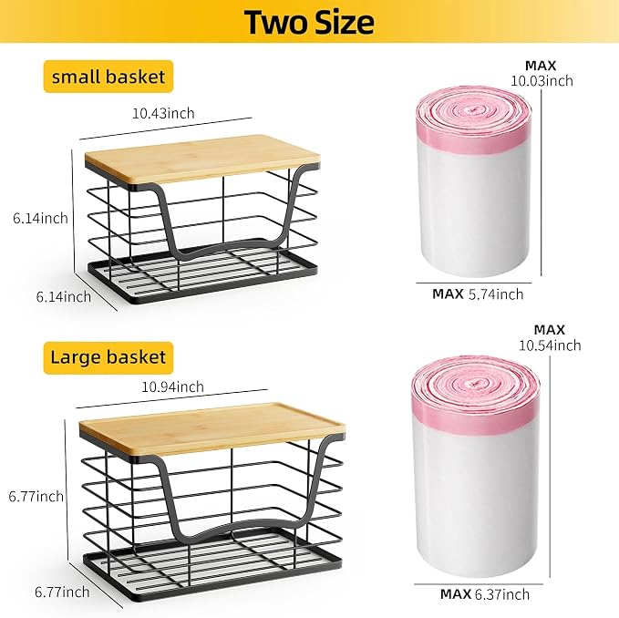 ALOCEO 2 Pack Stackable Wire Storage Basket with Bamboo Lid, Stainless Steel Extra Large Trash Bag Dispenser Roll Holder for Kitchen Sink, Laundry, Pantry Organizer and Storage, Black - Image 3