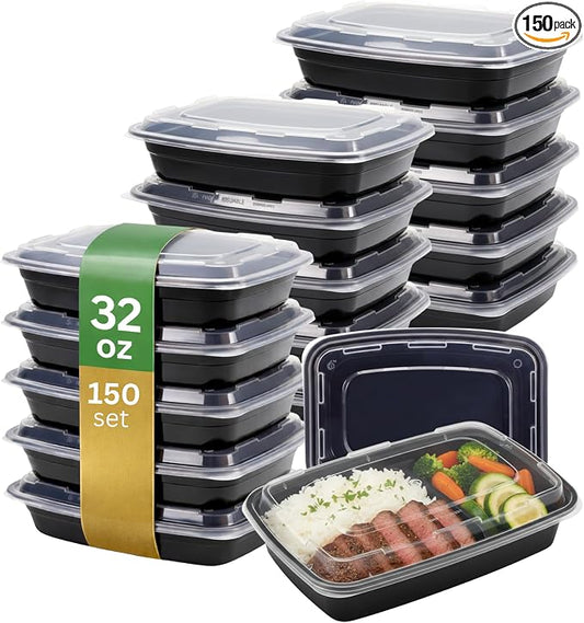 Meal Prep Containers [150 Pack] Rectangular Food Storage Containers with Lids, Bento Box, BPA Free, Stackable, Microwave/Dishwasher/Freezer Safe To Go Food Containers for Meal Prep (32oz) by ProTakeOut