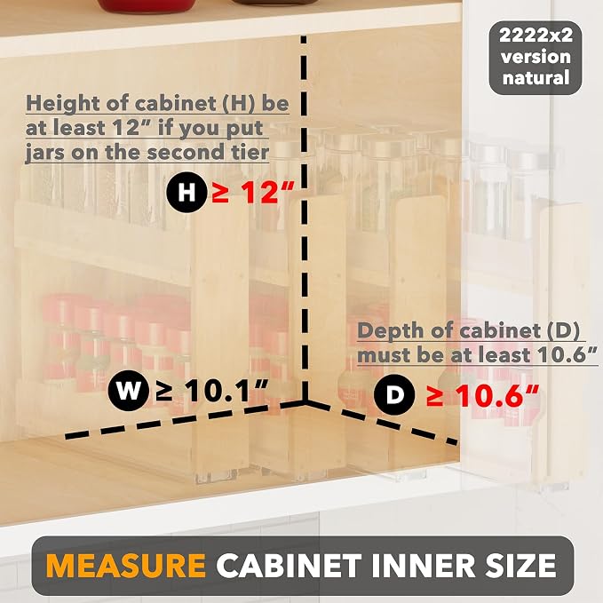 SpaceAid Bamboo Pull Out Spice Rack Organizer for Cabinet, Heavy Duty Slide Out Seasoning Kitchen Pantry Sliding Vertical Organization, 10.1" Wide, 4 Drawers(2" Wide), 2-Tier, Natural - Image 4