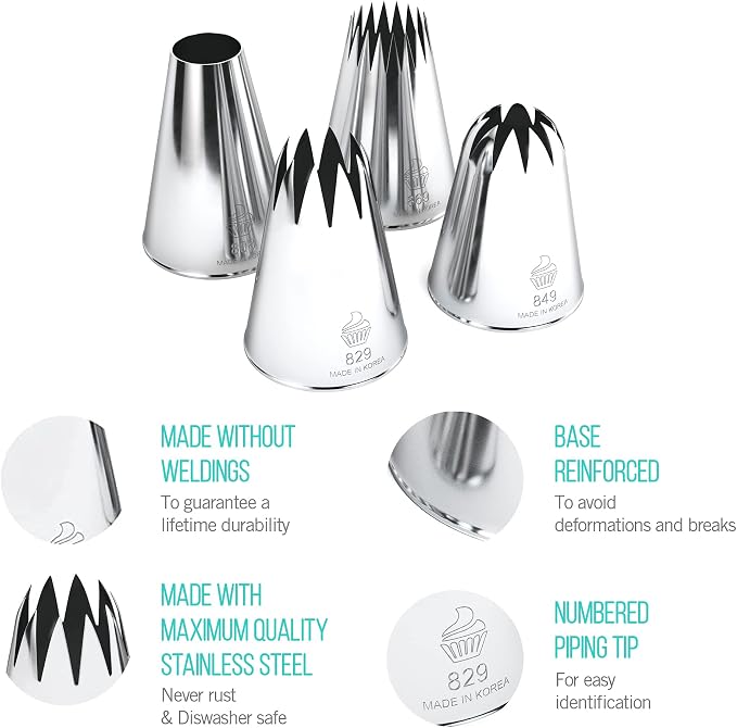 Professional Icing Tips Set (7pcs): Reusable Pastry Bag + 4 Extra Large Piping Tips (849, 869, 829, 808), for Decorating Cupcakes, Cakes & Churros - Piping Nozzles Kit Made in Korea & Japan - Image 4