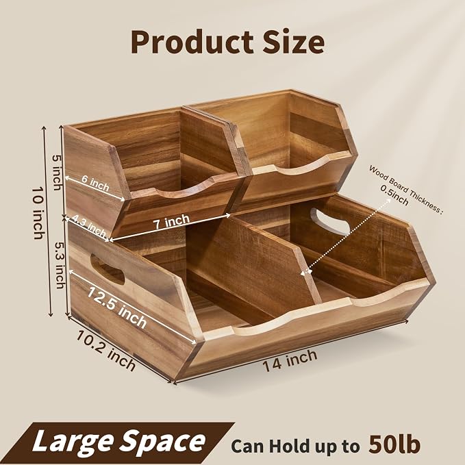 Acacia Wood Pantry Storage Bins, Stackable Storage Baskets Potato and Onion Storage Bins, Pantry Organizer Wooden Baskets Organization and Storage, Set 3 Pieces - Image 8