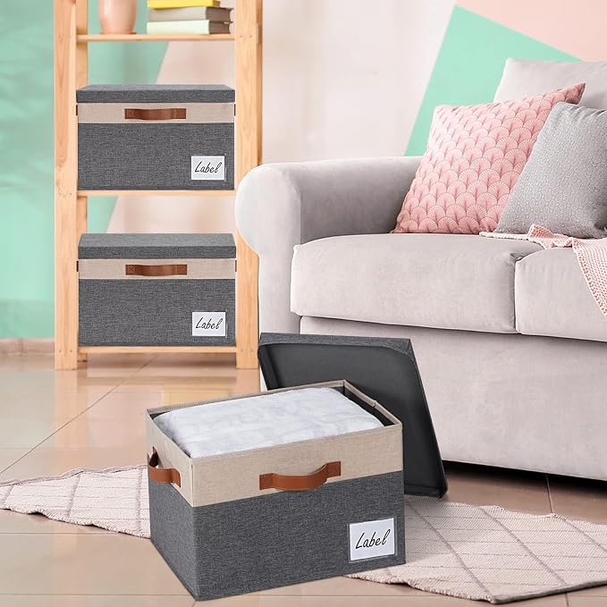 GhvyenntteS Fabric Storage Bins with Lids 3 Pack, Large Fabric Storage Baskets with Lid and Handles, Foldable Closet Organizers and Storage boxes with Label Window for Home (Beige, 15" x 11" x 9.7") - Image 6