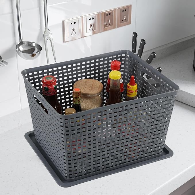 Ggbin 6-Pack Large Plastic Weave Storage Baskets Bins with Lids, Grey | Stackable - Image 6