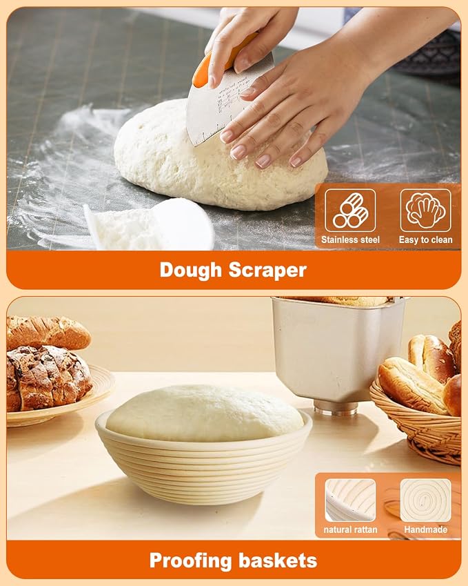 Sourdough Bread Baking Supplies Tools,10 Inch Oval & 9 Inch Round Banneton Bread Proofing Basket Set,Sourdough Starter Kit Gift for Bread Making (white with Starter Jar) - Image 5