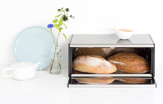 Brabantia Rectangular Fall Front Bread Box | Matt Steel | Large Metal Front Opening Bread Store for Kitchen Countertop | Flat Top for Extra Storage, Magnet Closing Lid | Fits 2 Loaves - Image 8