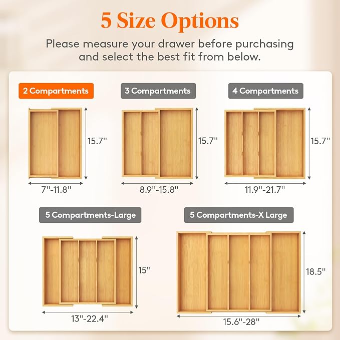 Lifewit Utensil Organizer for Kitchen Drawer, Expandable Cooking Utensil Tray, Cutlery Silverware Flatware Holder, Wood Adjustable Spatula Tools Storage Divider, 7-12 x 15.75", Natural - Image 2