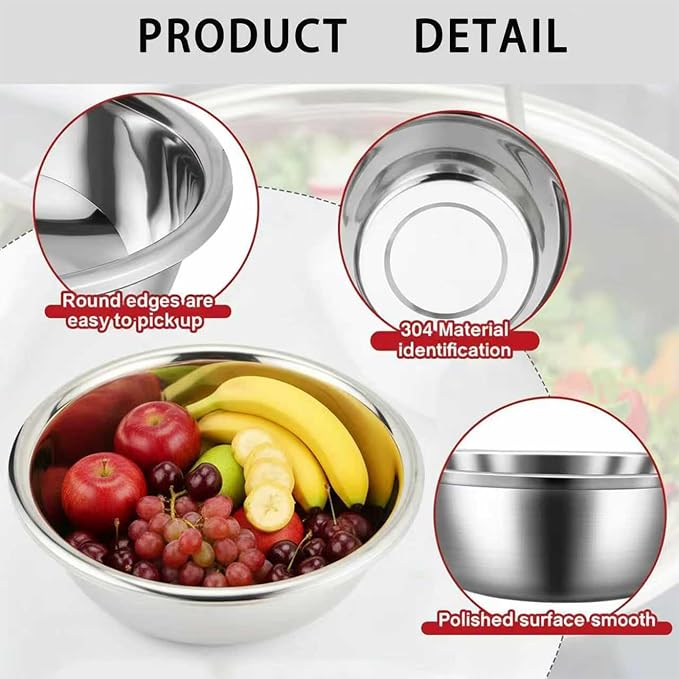 4 Pack 7 Qt 304 Stainless Steel Large Mixing Bowls with Flat Base Polished Mirror Finish Metal Bowls for Home or Commercial Baking Mixing Marinating and Food Preparation - Image 6