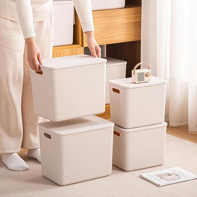 4 Piece Plastic Storage Baskets Boxes with Lids,11.8 x 8 x10 Inch Stackable Organizing Bins with Handles,Versatile Containers for Pantry,Bathroom,Closet Shelves Desktop (Light grey, 4XL) - Image 5
