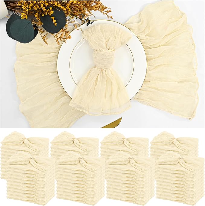 84 Packs Gauze Cheesecloth Napkins 20 x 20 Inch Ivory Wrinkled Dinner Napkins, Ivory Rustic Boho Soft Cloth Napkin for Wedding Party Event Dinner Table Decoration by Teruntrue