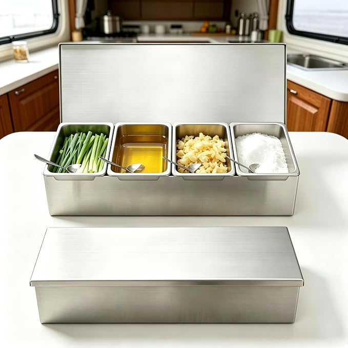 Pizza Topping Station Stainless Steel Spice Organizer Rack Condiment Caddy | Seasoning Container Removable Ingredient Holder, Pizza Oven Accessories with Lid for Grill Table Cart, Kitchen& Buffet - Image 8