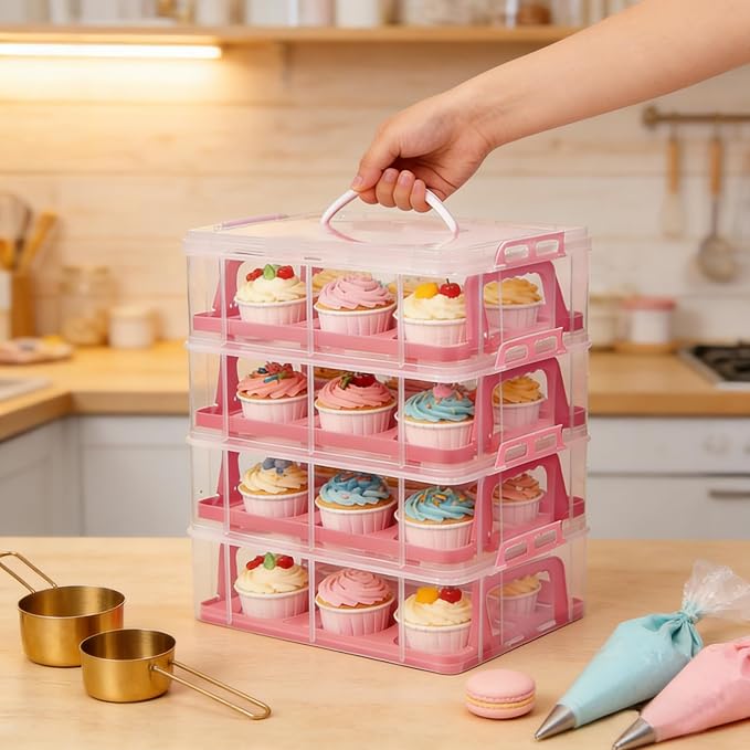Cupcake Carrier Stackable Storage Container Collapsible Cake Carrier with Lid and Handle, with 50 PCS Cupcake liners,Reusable Plastic Dessert Travel Container,Transport Box (48 Cupcakes Pink) by HomDSim