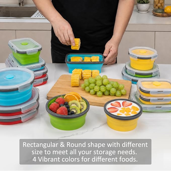 Collapsible Food Storage Containers with Lid & Air Vent, 16 Pack, 8 Rectangular + 8 Round, Annaklin Foldable Silicone Lunch Containers Collapsible Bowls Set, Microwave Freezer Dishwasher Safe, 4-Color - Image 2