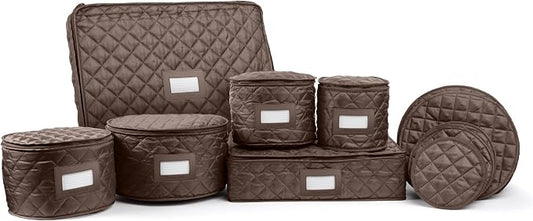 Covermates Keepsakes Dish Storage Set – Padded China & Dinnerware Storage Cases with Dividers, Cup & Stemware Storage, Quilted Polyester Protection, ID Window, Bronze by Covermates