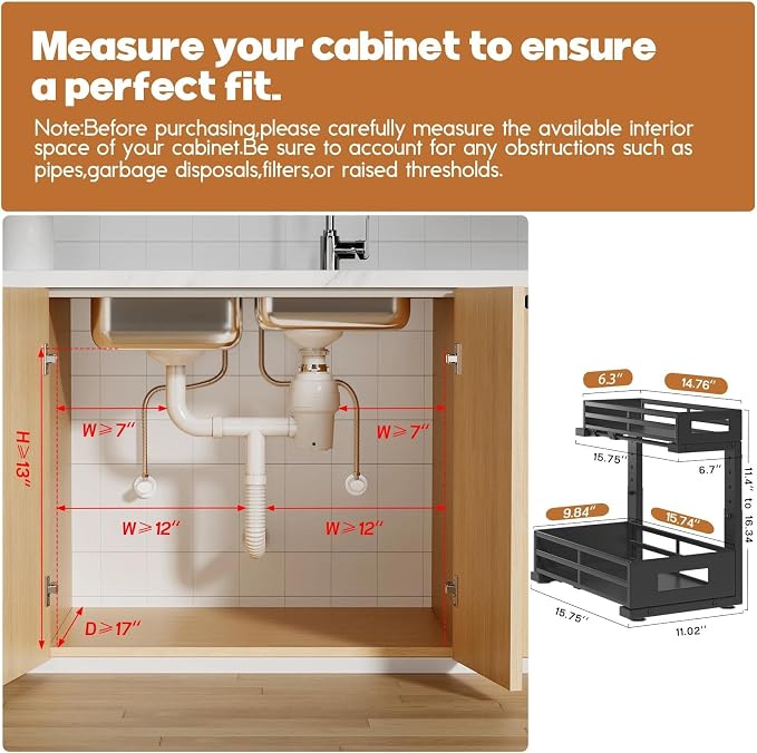 1-Pack Under Sink Organizers and Storage,2-Tier L Shape Pull Out Cabinet Organizer With Round Tube Slide Rails,Hight Adjustable Slide Out Drawers for Kitchen&Bathroom,Multi-Purpose Storage Shelf-Black - Image 2