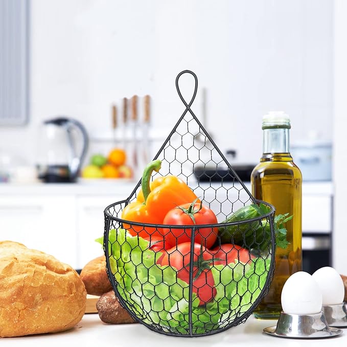 ERYTLLY Metal Fruit And Vegetable Storage Hanging Basket Wall Mounted, For Kitchen Black Wire Baskets for Flowers, Fruits and Veggies, - Set of 2 - Image 4