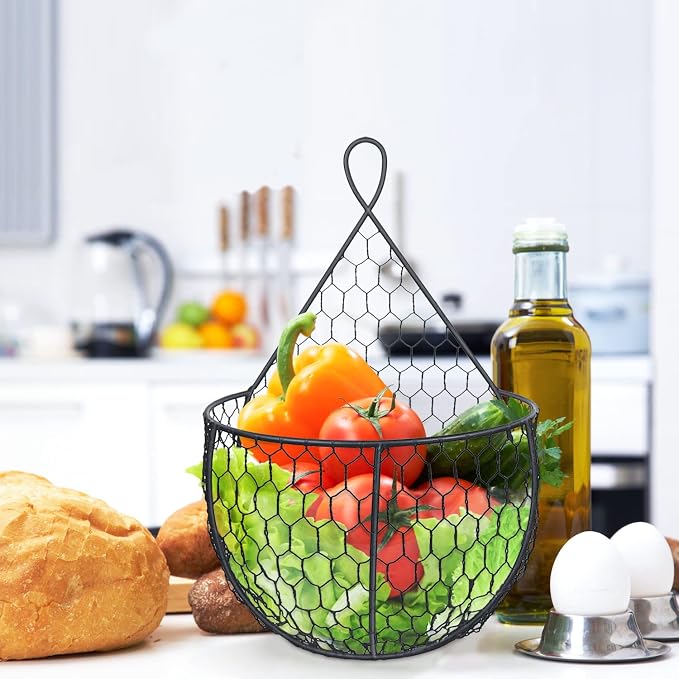 ERYTLLY Metal Fruit And Vegetable Storage Hanging Basket Wall Mounted, Hanging Basket For Kitchen Black Wire Baskets for Flowers, Fruits and Veggies - Set of 3 - Image 4