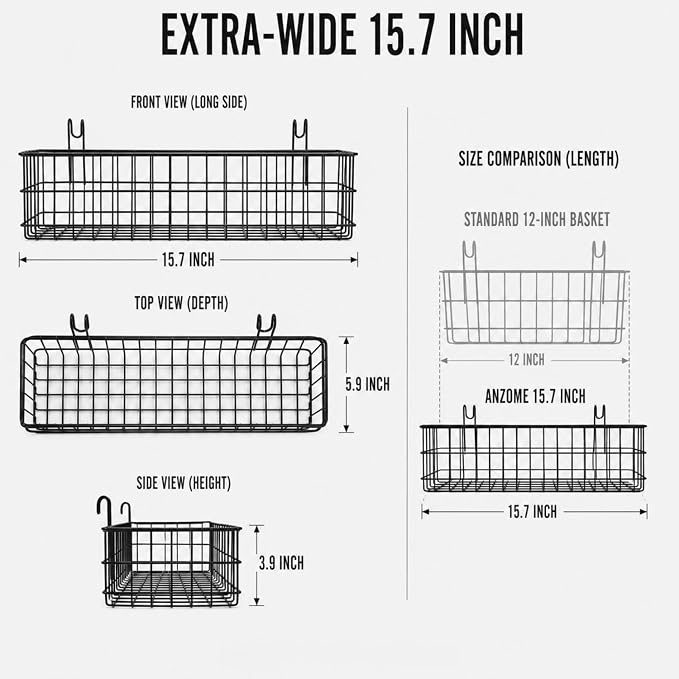 Metal Hanging Wire Basket with Hooks, Black Wire Wall Basket for Grid Panel Organizer, Multi-Function Grid Wall Basket for Kitchen Bathroom Storage Display Shelf, Home Decoration - Image 2
