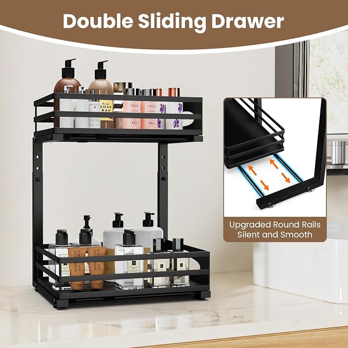 Under Sink Organizer, Slide Sink Steel Shelf Cabinet Storage Shelves, Height Adjustable Under Sink Organizers and Storage, 2 Tier Pull Out Drawer Cabinet Organizer for Kitchen Bathroom - Image 2