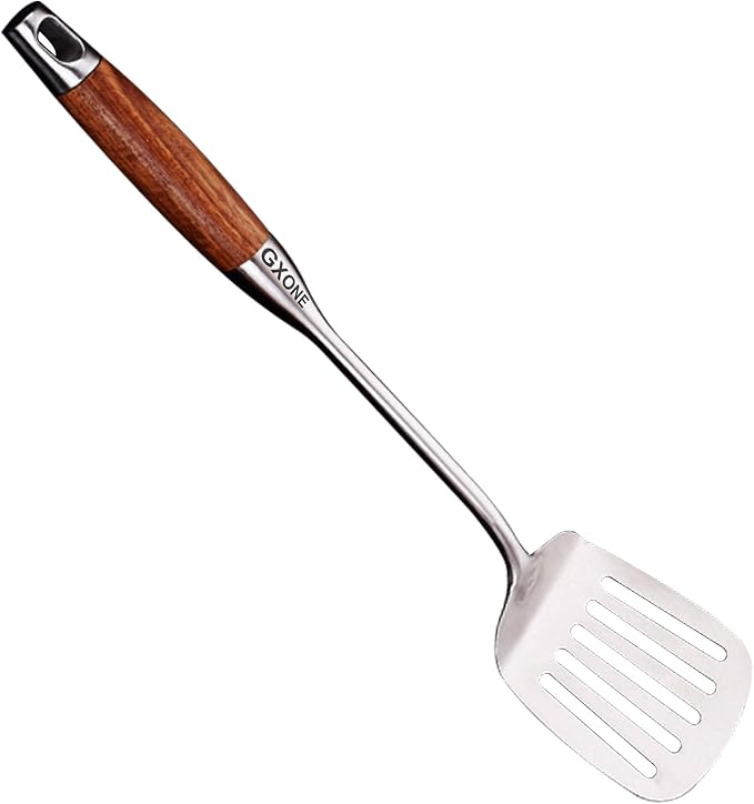 Slotted Turner/Spatula,for Skillet Grilling Cooking,Wooden Handle | 304 Stainless Steel Kitchen Utensil,Metal Spatula,Flipping Food,15.7 Inch by GXONEHomeKitchen