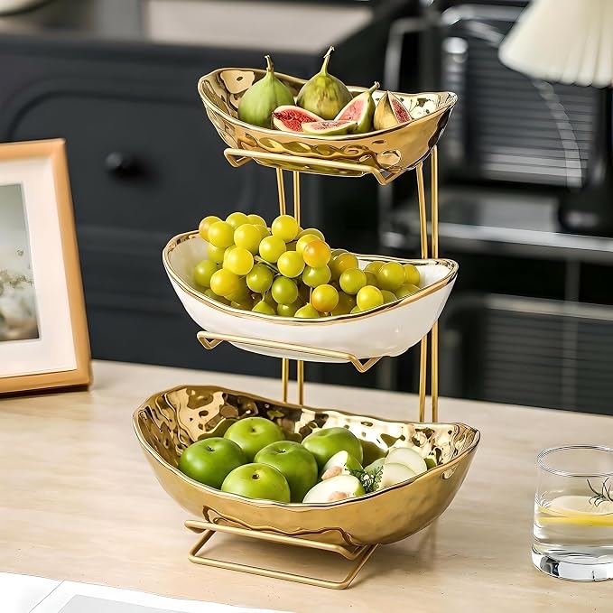 3-Tier Gold Fruit Bowl & Tray with Metal Stand - Ceramic White, Triple Layer for Snacks, Nuts, Bread & Candy Storage - Image 2