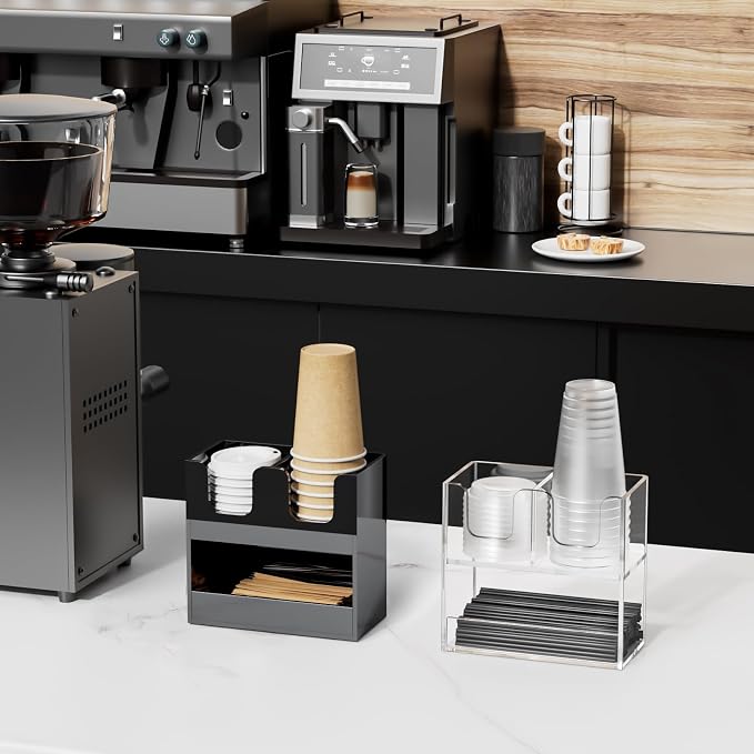Beego 3-Compartment Cup Holder for Countertop - 2-Tier Black Acrylic Cup Dispenser Coffee Station Paper Cup and Lid Organizer Condiment Storage for Restaurant Breakroom Kitchen Bar Accessories - Image 5