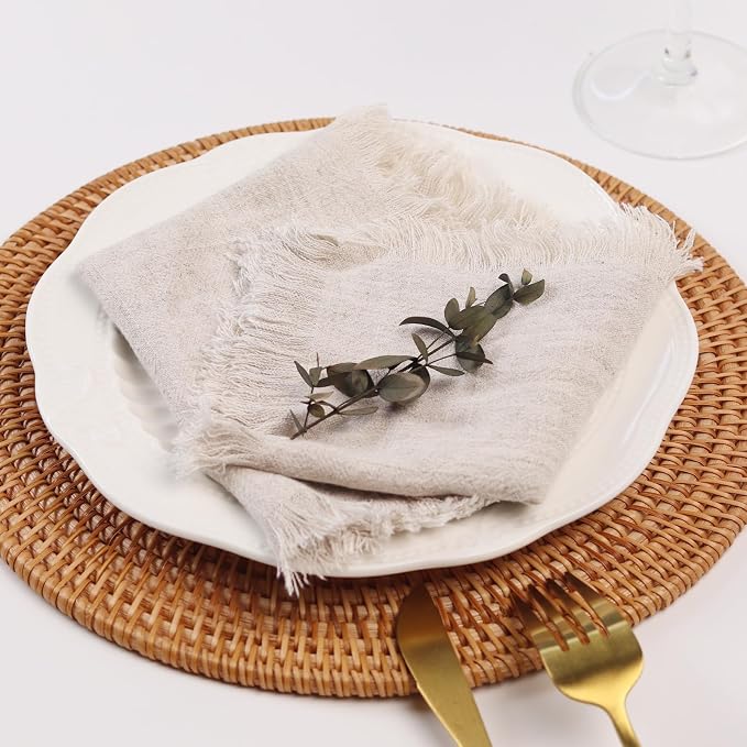 Handmade Cloth Napkins with Fringe,18 x 18 Inches Cotton Linen Napkins Set of 6 Versatile Handmade Square Rustic Fringe Napkins for Dinner, Wedding and Parties, Natural Linen - Image 4