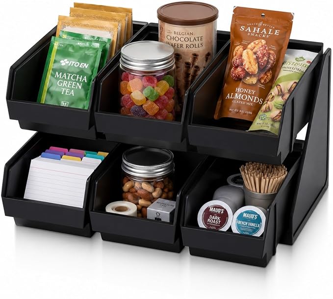 Novabright 6 Compartment Serve Condiment Bin Self Serve Condiment Packet Organizer Stand Countertop Plastic Containers Storage Display Rack for Coffee Shops Restaurants Bars(6 Bin 2 Tier) by Unknown