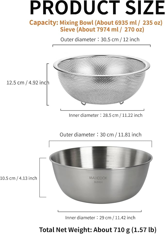 Stainless Steel Colander and Mixing Bowl Set (8 QT and 7 QT) | 2 pcs of 12 inch 18/8 Stainless Steel Colander & Mixing Bowl Set, Fine Mesh Strainer for Rice, Pasta & Veggies - Image 3