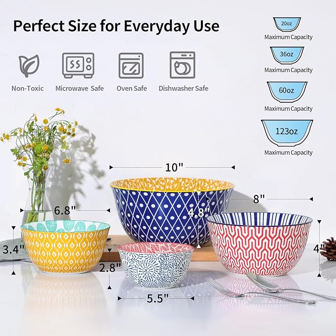 Selamica Ceramic Mixing Bowls, Nesting Bowls Set of 4 for Baking, Prepping, Cooking, Salad, 20/36/60/123 oz, Microwave & Dishwasher Safe, Assorted Colors - Image 3
