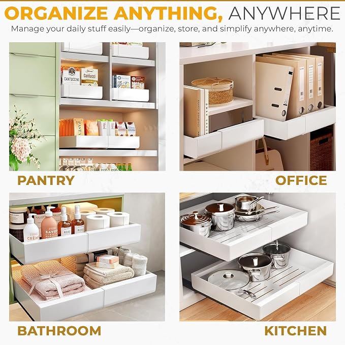 4pack Pull Out Under Sink Organizer – Expandable Sliding Cabinet Shelf for Kitchen, Bathroom, Pantry – Heavy Duty Metal Storage Rack for Cleaning Supplies and Bottles (White, 12.5-19.6 x 21 Inch) - Image 8
