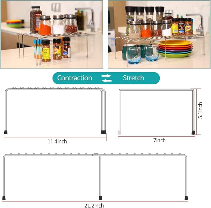 Expandable Cabinet Shelf Rack, Stainless Steel Adjustable Kitchen Countertop Shelves Risers, Kitchen Shelf Rack For Pantry, Garage, Desktop, Refrigerator, Bathroom Organization And Storage - Image 2