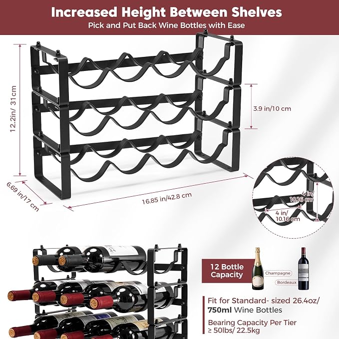 Stackable Countertop Wine Rack, 12 Wine Bottles Holder for Inside Cabinet | ICOHOT Small Tabletop Wine Holder Stand for Pantry Bar, 3-Tier Angle Adjustable Wine Bottle Rack for Tight Spaces - Image 3