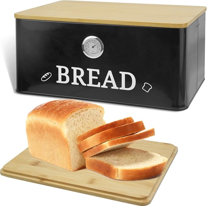 Black Bread Box for Kitchen Countertop with Bamboo lid, Hygrometer Kitchen Organizer for Sourdough, Buns, and Loaves, Bread Storage Container by Unknown
