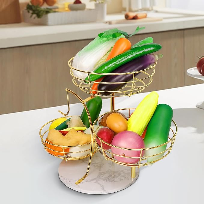 Livabber Fruit Basket Bowl with Banana Hanger, Metal Fruit Vegetable Storage Basket with Banana Holder for Kitchen Counter, Detachable Organizer for Bread Snack Produce (Gold, 3-Tier Marble Base) - Image 9