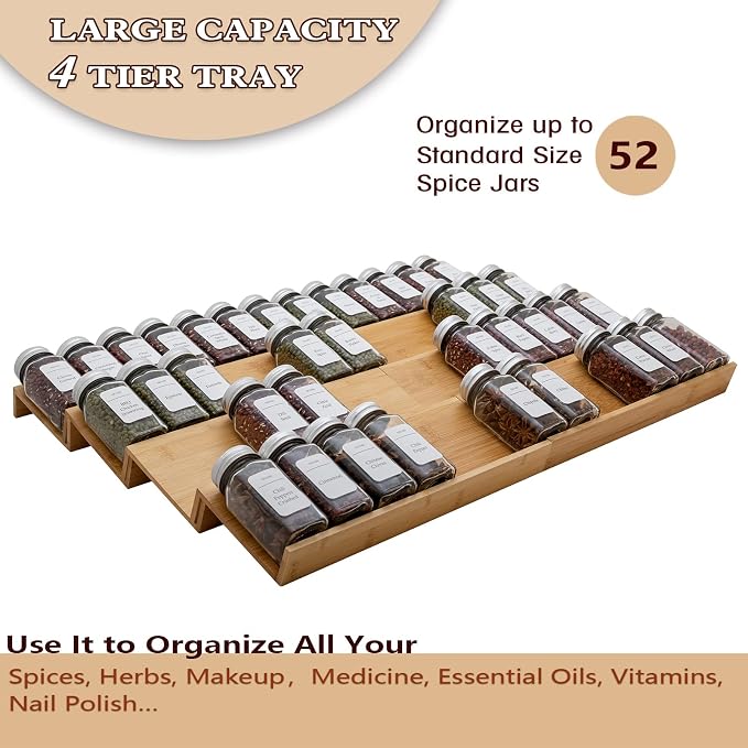 Bamboo Spice Rack Drawer Organizer - 8 Piece Set - 12" Wide, Combine Into 24" Rack (12" or 24") - Image 2