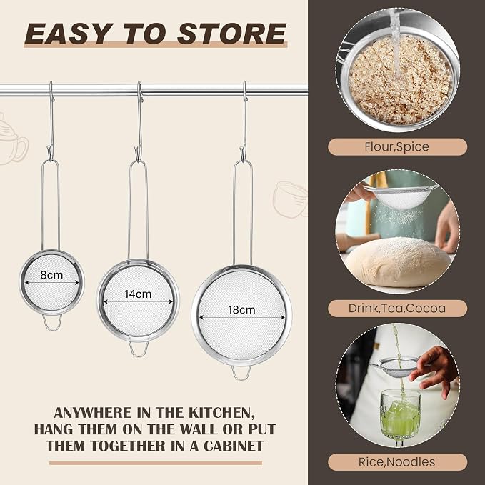 Norme 5 Quart Stainless Steel Silver Colander and 3 Pcs Silver Fine Mesh Strainer, Stainless Steel Pasta Rice Food Metal Strainer with Handles, Easy Clean and Dishwasher Safe - Image 3