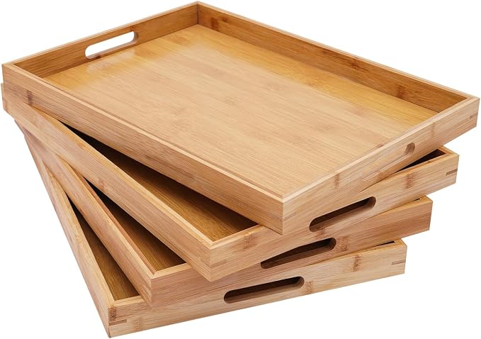 4 Pack Bamboo Serving Tray with Handles Kitchen Large Food Bamboo Tray Couch Tray Tea Decorative Serving Pallet for Dinner, Breakfast, Table Snack, 18.1×13×1.4In by Unknown
