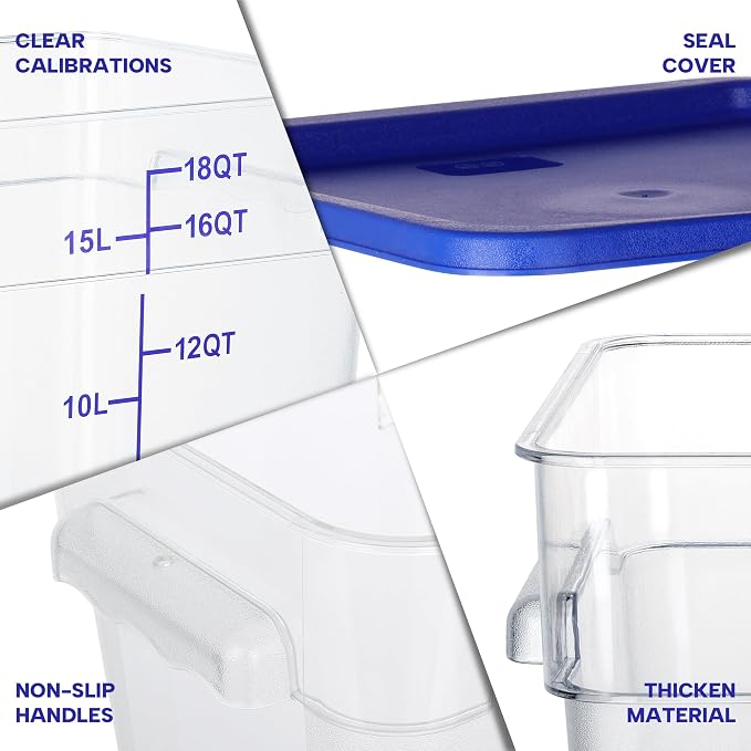BIEAMA 4 Pack 18 Qt Square Food Storage Containers with Lids, NSF, Clear | Commercial polycarbonate containers with scale markings and handles; stackable for prep, brining, fermentation & bulk storage - Image 3