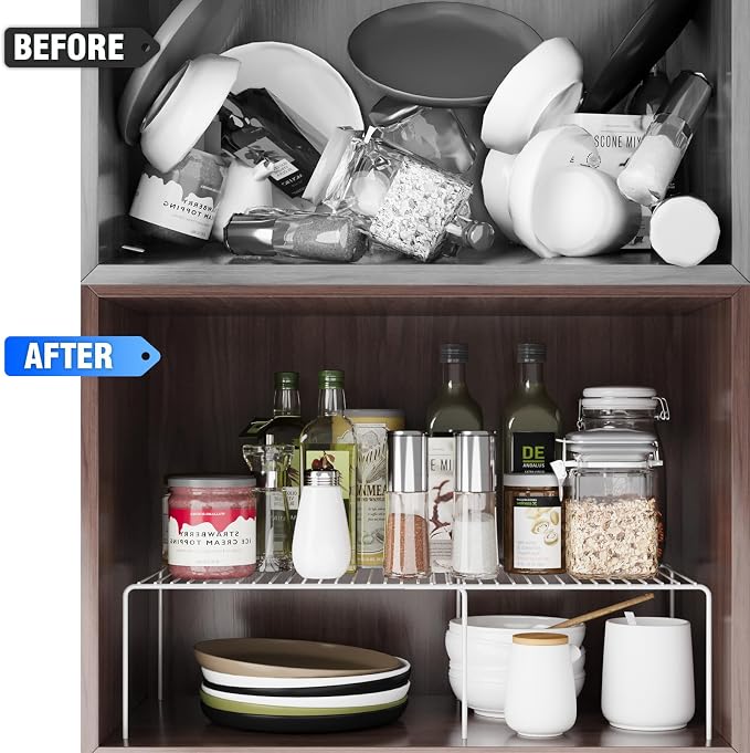 6Pack Expandable Storage Shelf, 13.5"~23" L x 9.4" W x 5.5" H, White | Adjustable Rustproof Metal Wire Spice Rack, Space Saver Kitchen Storage Shelves for Pan, Pot, Countertop, Drawer, Fridge - Image 4