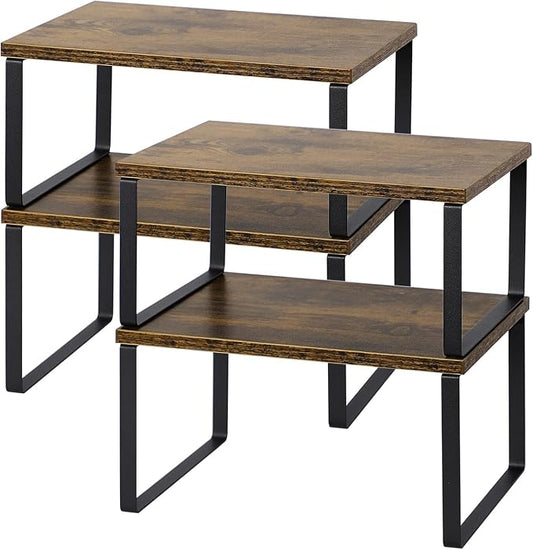 NEX Kitchen Cabinet and Counter Shelf Organizer, Shelf Riser for Pantry Countertop Cupboard Desk Top, Stackable & Expandable, Set of 4, Black and Rustic Brown | Stackable & Expandable Spice Rack, Space-Saving Pantry Organizers Bathroom Countertop Stora... by NEX