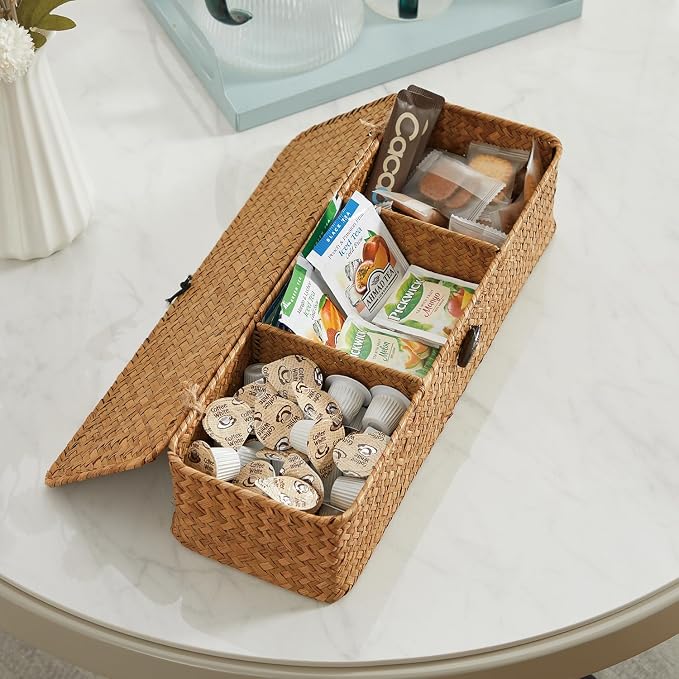 Nonam Seagrass Storage Small Basket with Lid - 3-Section Divided Organizer for Tea,Sugar,Coffee,Tampons - Woven Shelf Bin for Closet, Toilet Tank - Rectangular Narrow Boho Basket Home Decor - Image 5
